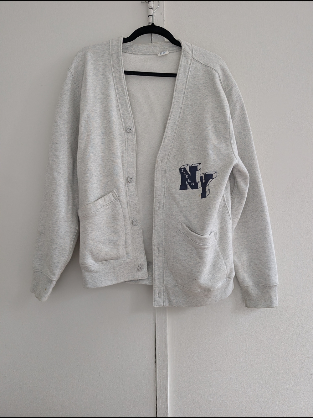 J. Crew Light Gray Men's Cardigan with Navy Crest Detail